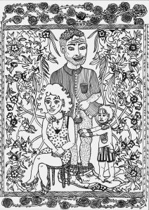 Illustration de Mara Tchouhadjian (https://www.instagram.com/maratchou) Trois personnages sont entourés de fleurs dont les tiges sont entrelacées. En haut et en bas, des roses dont les tiges épineuses courent jusque sur les côtés de l'image encadrent le tout. C'est un portrait de famille : debout, l'homme, chemise fermée du col jusqu'au milieu du torse seulement, pantalon et caleçon sur les pieds, la barbe aussi courte que les cheveux sur les côtés, est dans la position décrite dans le passage sur la salle de bain ; yeux écarquillés et arborant un grand sourire montrant les dents, il regarde l'enfant qui, les pieds rentrés, tend les bras vers sa mère. Elle, assise sur un tabouret, mains et jambes croisés, pommettes saillantes et yeux creusés, discret sourire sur les lèvres, la main de l'homme restée libre posée sur l'épaule, regarde ailleurs. Elle porte des escarpins fleuris à talons hauts, un bracelet fin, des boucles d'oreilles et un collier de perles sur lequel pend une croix, ainsi qu'une courte robe à pois laissant voir une poitrine généreuse, à peine dissimulée par un soutien-gorge dont la bretelle dépasse sur ses épaules nues.